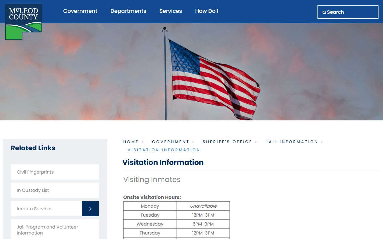 McLeod County Jail visitation schedule for inmates and visitors