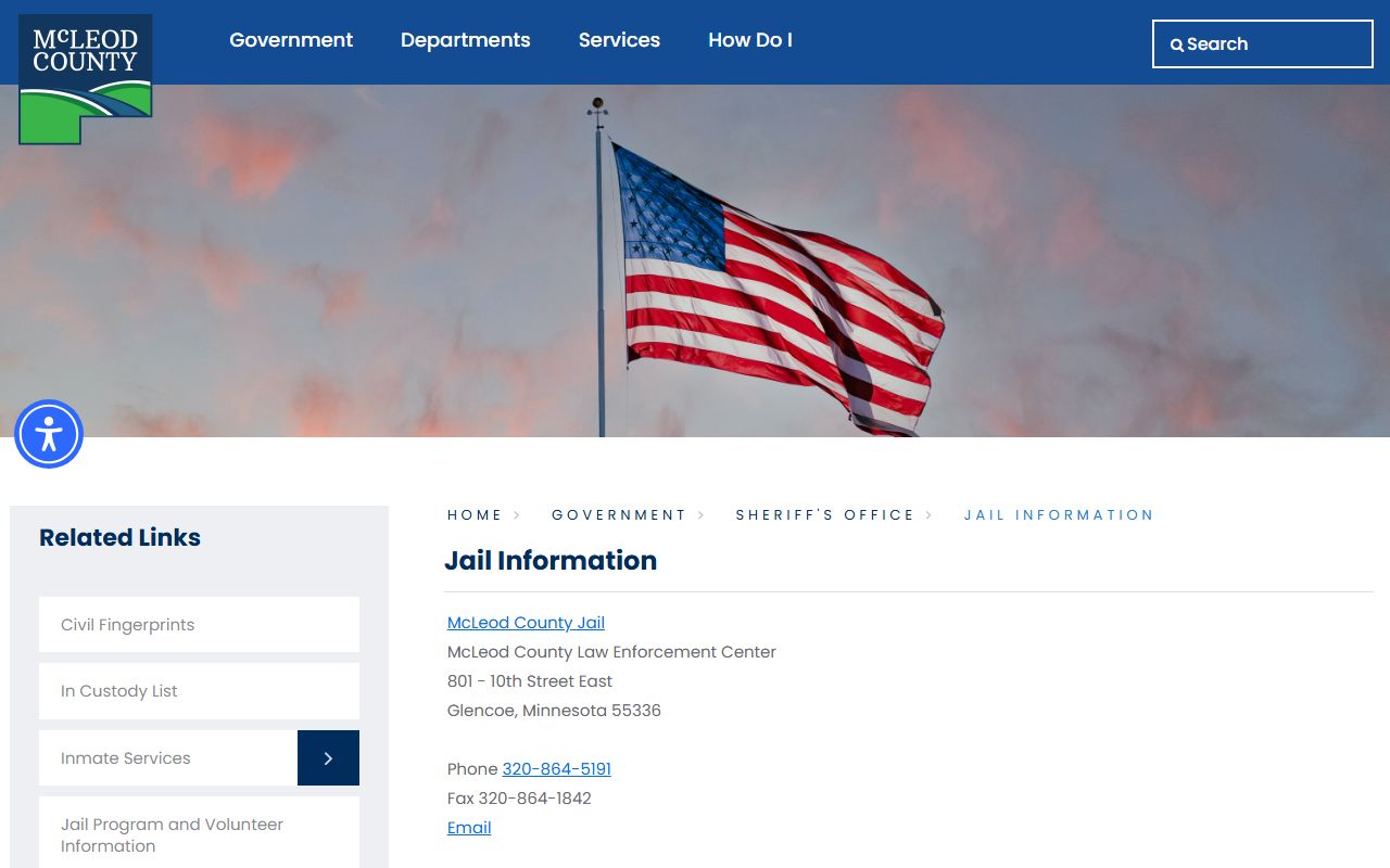 McLeod County Jail information page for inmate population capacity